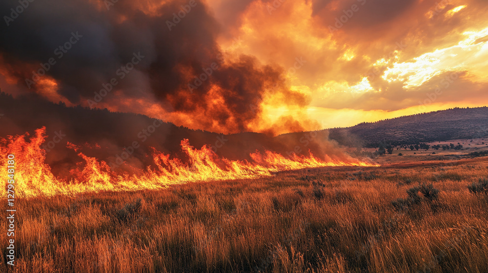 Expansive wildfire advances through grassland, leaving devastation in its wake Expansive wildfire advances through grassland, leaving devastation in its wake