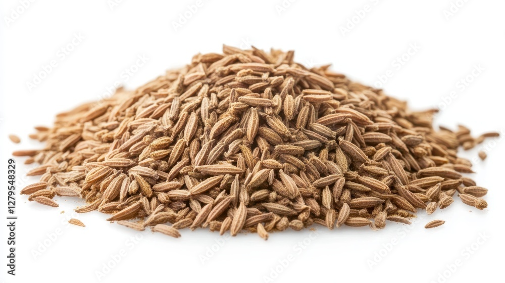 Piled Cumin Dust: Aromatic Spice for Culinary Delights on Pure White Canvas Piled Cumin Dust: Aromatic Spice for Culinary Delights on Pure White Canvas