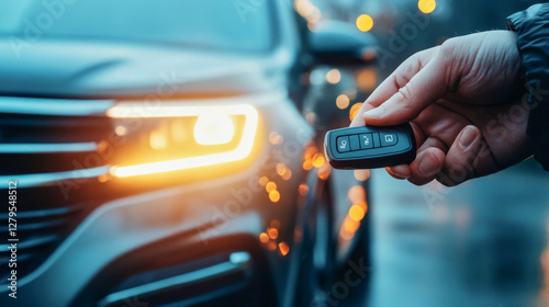 Hand pressing button on car key fob to unlock stylish SUV on a glowing evening