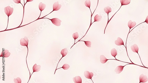   A close-up of a pink wallpaper featuring a pink floral pattern on a light pink backdrop with a red stem