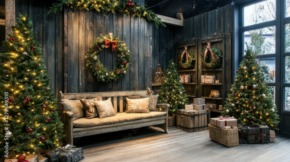 Fototapeta premium Interior of living room with Christmas trees, wreaths and wooden bench