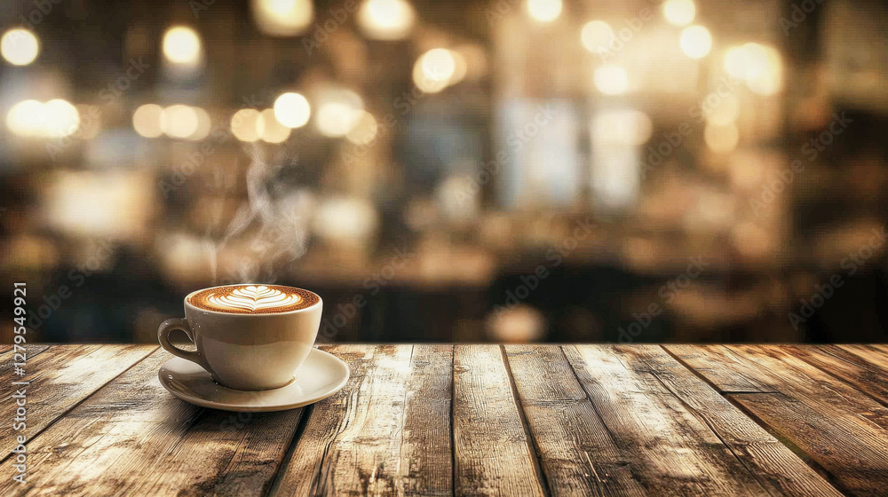 Richly textured cappuccino with latte art on a wooden table in a cozy coffee shop setting Richly textured cappuccino with latte art on a wooden table in a cozy coffee shop setting