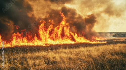 Wildfire ravages grassland with intense flames and thick smoke engulfing vast areas photo