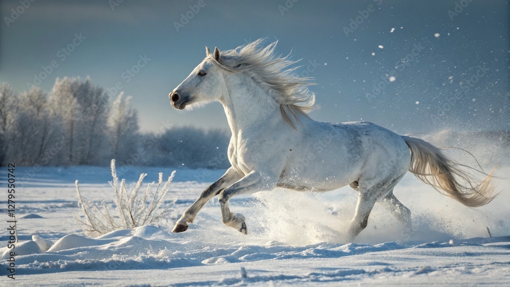 Fototapeta premium White Horse Galloping Through Snowy Field
