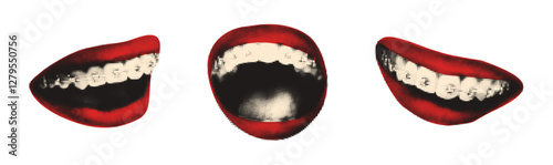 Red lips smiling halftone art collage cut outs set. Female mouths. Modern retro mixed media vector illustration isolated on transparent background