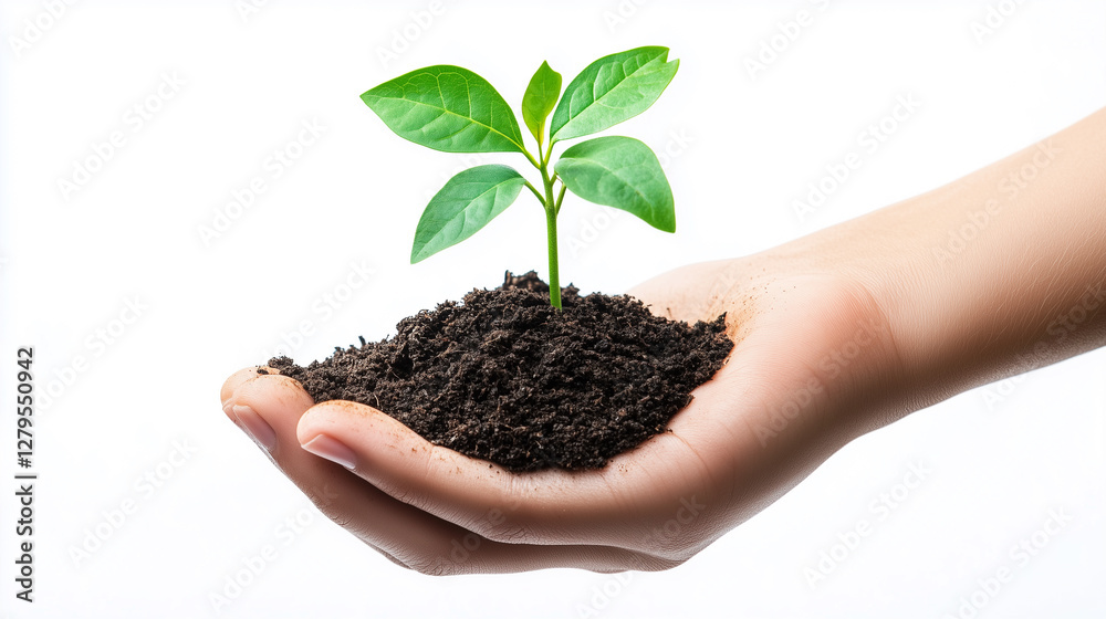 Hand holding a small plant in dirt Hand holding a small plant in dirt