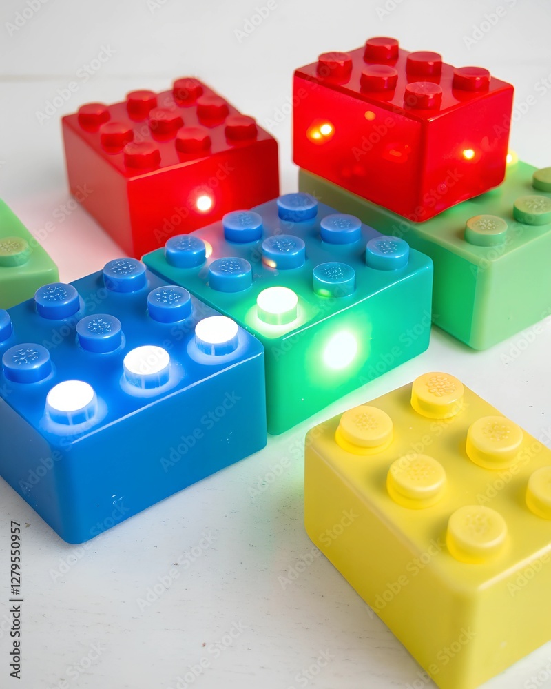 A set of colorful, illuminated building block-shaped night lights arranged on a textured surface. A set of colorful, illuminated building block-shaped night lights arranged on a textured surface.