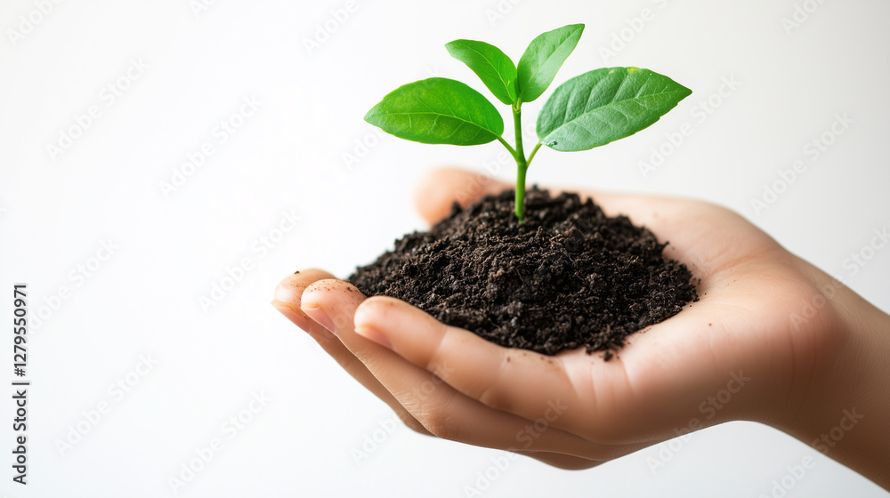 Hand holding a small plant in dirt Hand holding a small plant in dirt