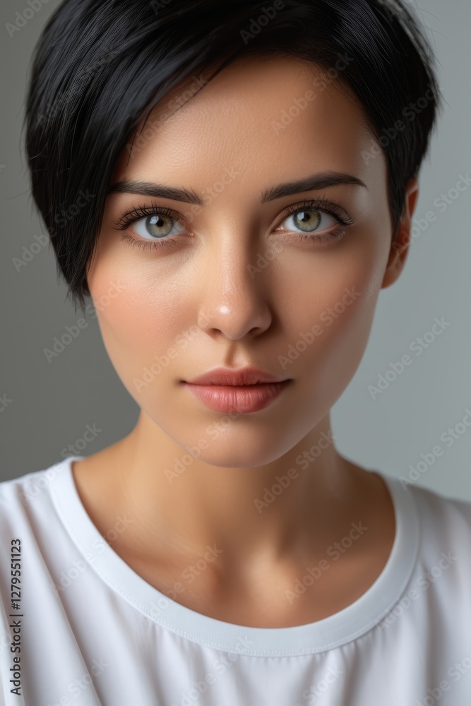 Fototapeta premium arafed woman with short black hair and a white shirt