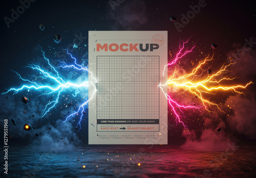 Vertical Poster Page Mockup with Electric Colorful Rays Coming Out
