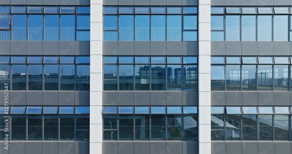 Aerial view of modern building facade with symmetrical windows reflecting blue sky and city skyline Aerial view of modern building facade with symmetrical windows reflecting blue sky and city skyline