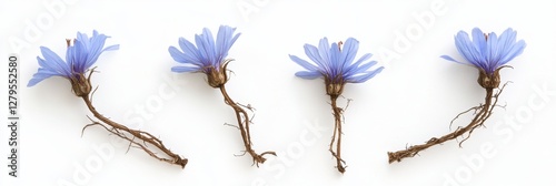 Dried Chicory Roots with Vibrant Cichorium Flowers Displayed on a Crisp White Background