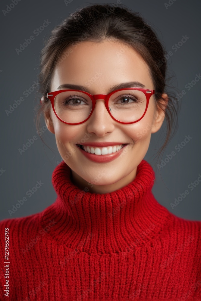 Fototapeta premium smiling woman in red turtleneck sweater and red glasses