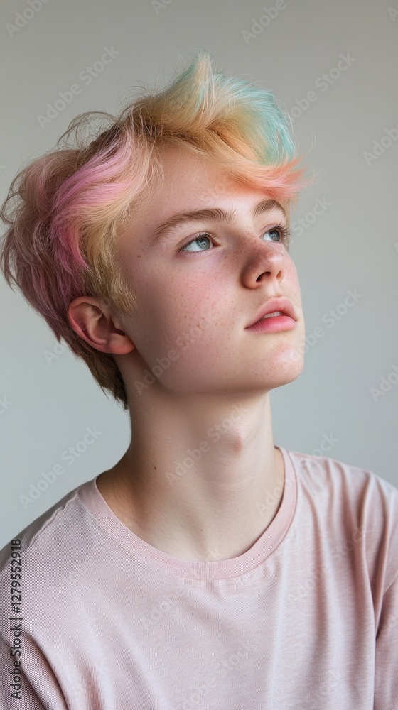 A teenager with pastel-colored hair gazes upwards, lost in thought in a bright, simple room A teenager with pastel-colored hair gazes upwards, lost in thought in a bright, simple room