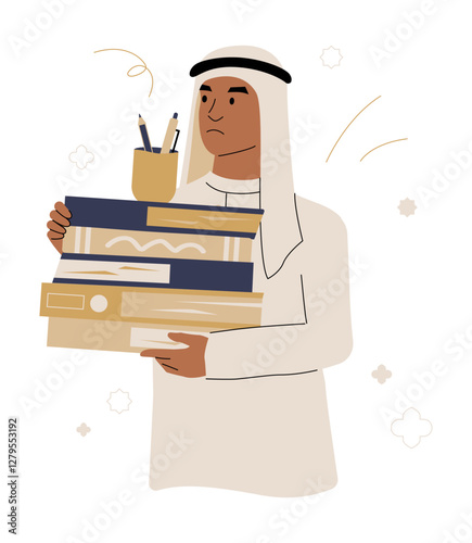 Arab Man Holding A Stack Of Books And Office Supplies In Flat Vector Illustration Symbolizing Education, Learning, And Knowledge, Isolated On White Background