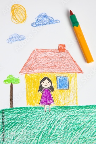 Child's colorful drawing of a house home environment artistic creation cheerful atmosphere close-up view imagination