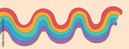 Abstract wavy rainbow design featuring smooth, flowing curves in a retro-inspired style. The vibrant color transitions create a dynamic and nostalgic visual effect, reminiscent of psychedelic and