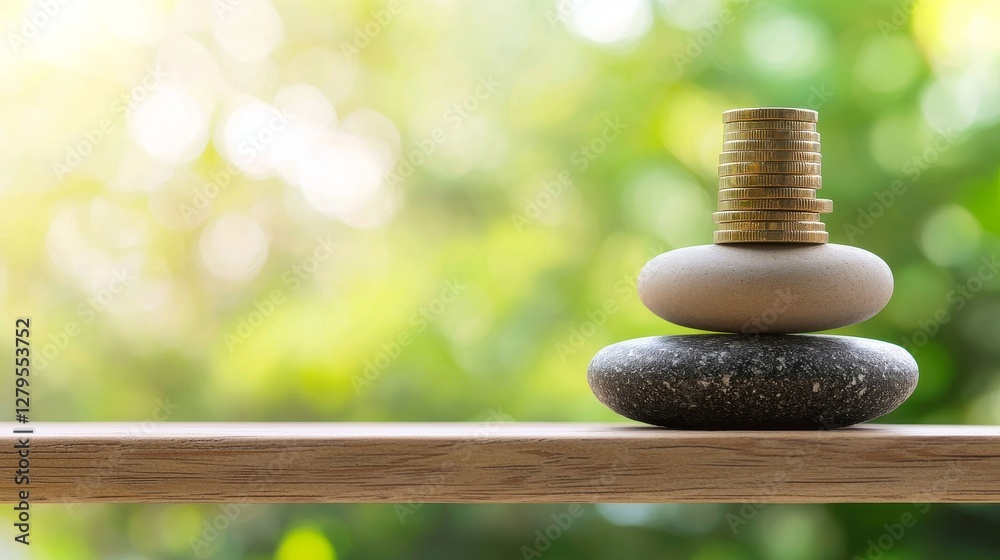 Obraz premium Investing in financial growth stacked coins on stones nature background close-up shot concept of wealth
