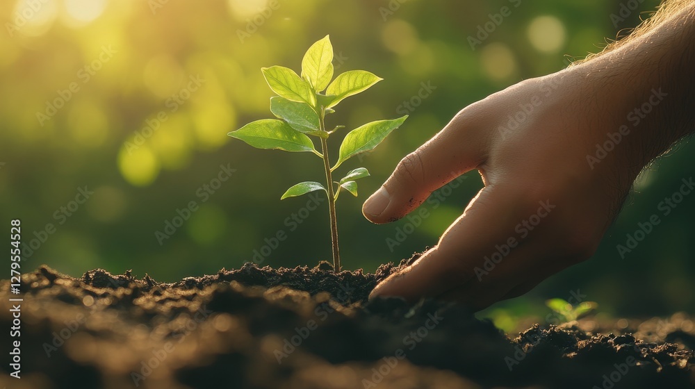 Fototapeta premium seed and planting concept with Male hand watering young tree on ground over green background. He plants trees for the future. To reduce global warming.