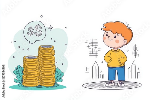 Child daydreaming of wealth among coin stacks urban background illustrative artwork playful concept