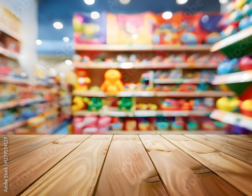 A light wooden tabletop overlooks a brightly lit, blurred toy store aisle filled with colorful toys and games on shelves