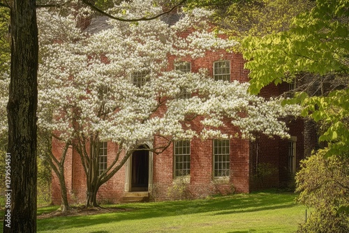 Springtime at Colvin Mill: Virginia's Historic Landmark Grist Mill Surrounded by Dogwoods and Antique Brick Architecture