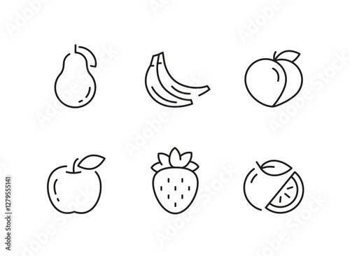 Fruit icons. Set of 6 fruit trendy minimal icons. Apple, Lemon, Mango, Avocado, Peach, Kiwi, Pineapple, Cherry icon. Design signs for web page, mobile app, packaging design. Vector illustration