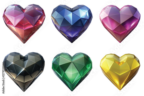 Collection of colorful crystal hearts 3d icons isolated on the transparent background