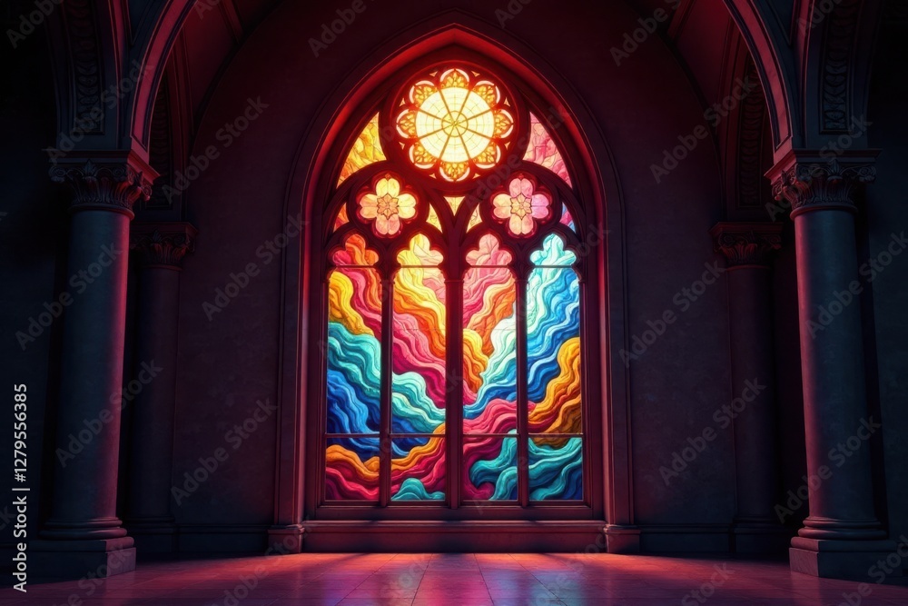 A large stained glass window shines with colored light, big, arched, stained glass A large stained glass window shines with colored light, big, arched, stained glass