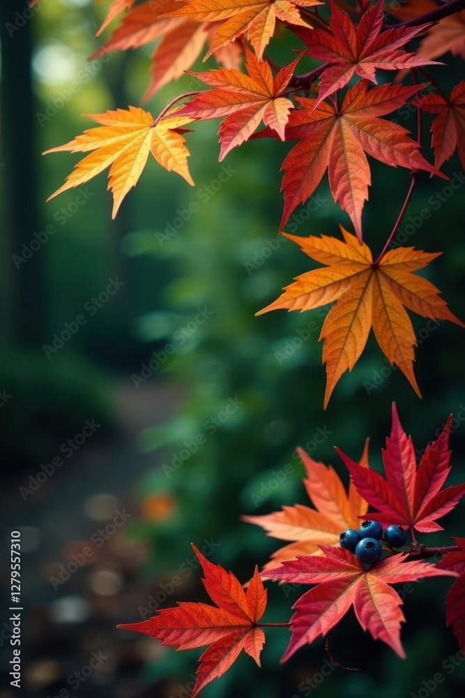 Colorful maple leaves with blue berry clusters, undergrowth, foliage, wildlife Colorful maple leaves with blue berry clusters, undergrowth, foliage, wildlife