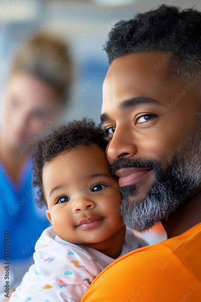 Middle Eastern father cradles baby, affectionate gaze reflects tenderness, radiant smiles enhance family joy, soft fabric adds comfort, intimate embrace showcases parental love, nurturing symbol. Middle Eastern father cradles baby, affectionate gaze reflects tenderness, radiant smiles enhance family joy, soft fabric adds comfort, intimate embrace showcases parental love, nurturing symbol.