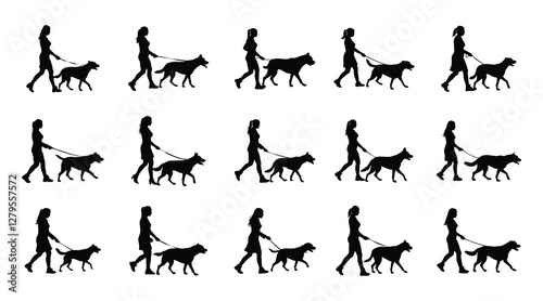 Woman walking a big naughty dog vector silhouette