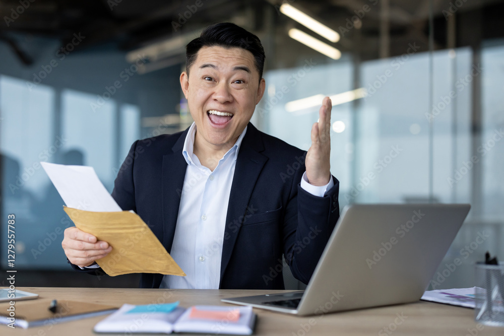 Portrait of a happy young Asian businessman sitting in the office at the desk, holding a letter with an envelope in his hands and looking at the camera with joy at the received news Portrait of a happy young Asian businessman sitting in the office at the desk, holding a letter with an envelope in his hands and looking at the camera with joy at the received news