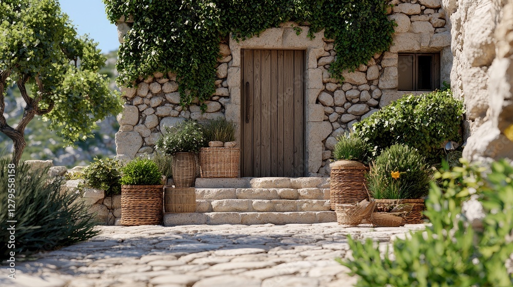 Naklejka premium Stone house entrance, plants, sunny day, Mediterranean, travel brochure
