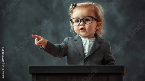 Cute toddler in glasses and suit gestures assertively, humorously portraying a young professional giving a speech.
