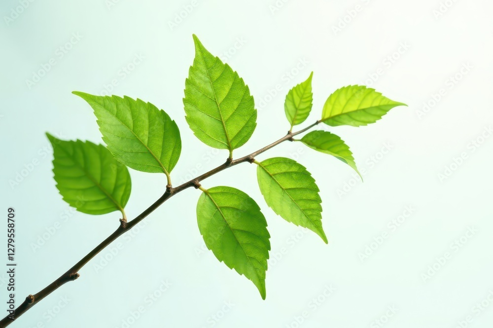 Delicate branch with isolated leaves on white background, detail, nature, tree Delicate branch with isolated leaves on white background, detail, nature, tree