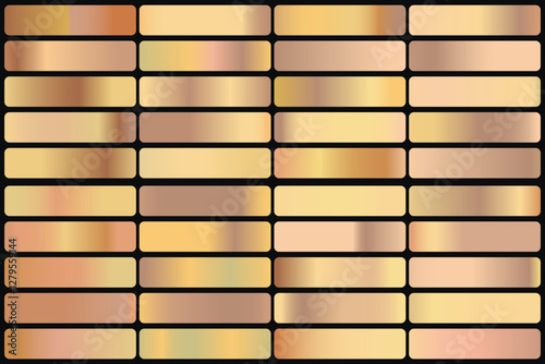 Metalic gradient collection with shiny gold hologram. Holographic foil texture, gold rose, brown and golden gradation. Vector set for frame, ribbon, border, other design.