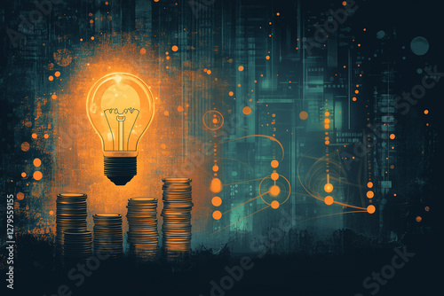 Electricity, light bulb, and money with a virtual hologram digital illustration
