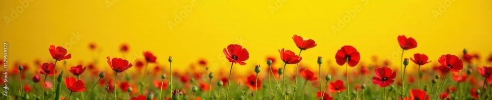 Field of scarlet globemallow flowers with yellow background, yellow, bloom, globemallow Field of scarlet globemallow flowers with yellow background, yellow, bloom, globemallow