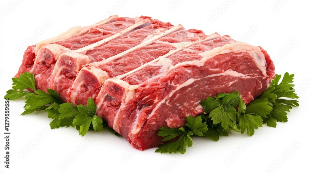 Fresh cuts of beef ribs displayed on a bed of parsley, highlighting quality for culinary use Fresh cuts of beef ribs displayed on a bed of parsley, highlighting quality for culinary use