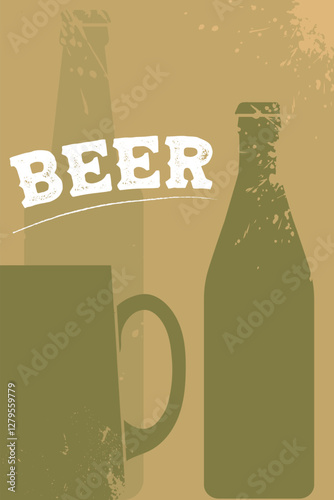 Poster for pub, menu, lettering beer, beer bottles, glass. Vector illustration, grunge splashes