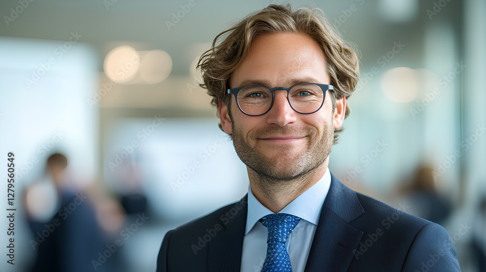 Fototapeta premium A middle-aged Caucasian businessman in glasses and a suit smiles confidently in a modern office with a blurred background, creating a professional and approachable image