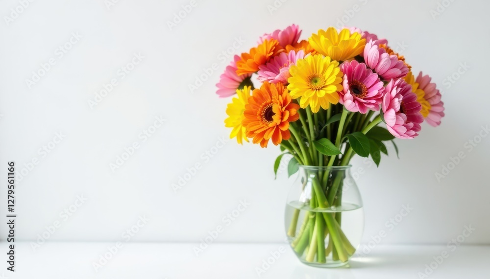 Multicolored flowers in a glass vase against white background, petal, floral, stem Multicolored flowers in a glass vase against white background, petal, floral, stem