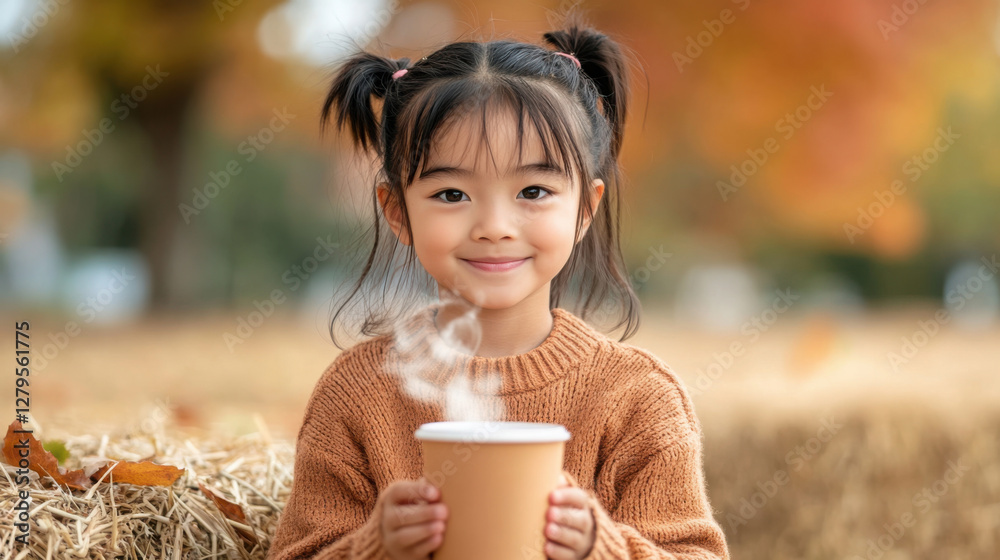 Autumn joys: smiling child with hot drink amidst fall harvest scenery Autumn joys: smiling child with hot drink amidst fall harvest scenery