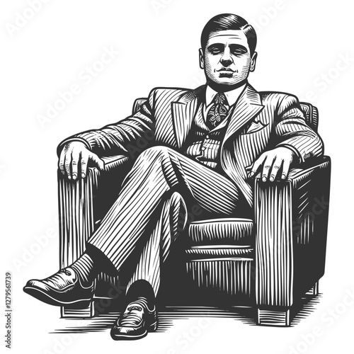 Mafioso man in a pinstripe suit sitting in an armchair, exuding power, authority, and sophistication sketch engraving generative ai vector illustration. Scratch board imitation. Black and white image.