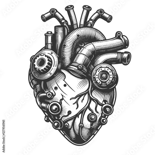 Robotic biomechanical heart with intricate pipes, gears, and tubes, steampunk and futuristic cybernetic aesthetics sketch engraving generative ai vector illustration. Scratch board. Black and white