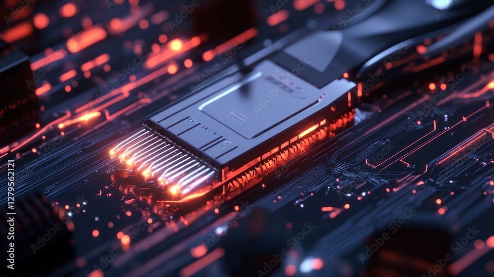 Obraz premium Network cable connector glowing on circuit board