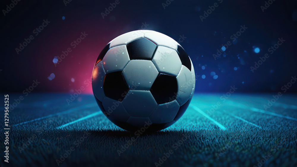 Fototapeta premium An Illustration Featuring A Glowing Soccer Ball Against Blue Background With Hexagonal Grid Pattern