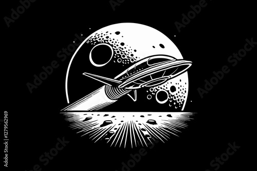 Rocket Launch Into Outer Space Black and White graphic design Illustration