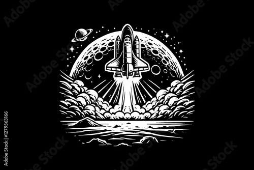 Rocket Launch Into Outer Space Black and White graphic design Illustration